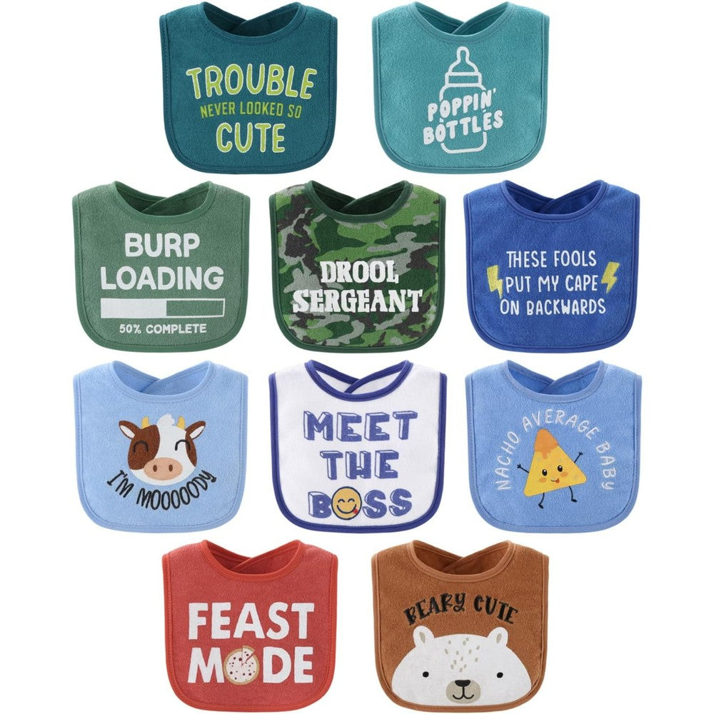 The Peanutshell baby boy terry bibs ten pack front view displaying playful prints and sayings