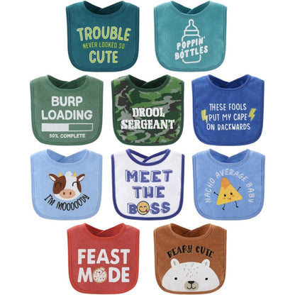 The Peanutshell baby boy terry bibs ten pack front view displaying playful prints and sayings