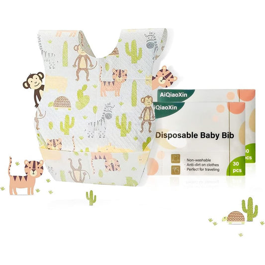 AiQiaoXin baby disposable travel feeding bibs front view featuring cute animal prints and open crumb catcher pocket