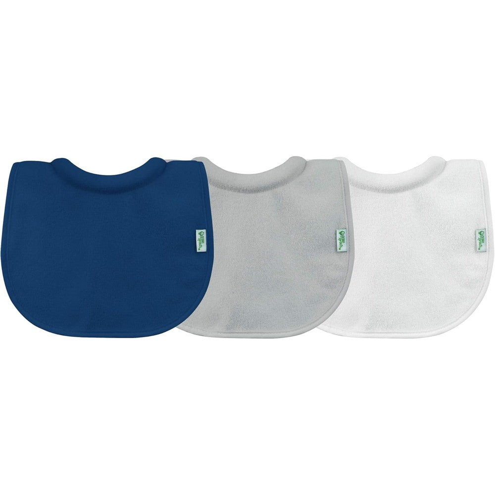 Green Sprouts Stay-Dry Milk Catcher Bibs 3 Pack front view showing blue and multicolour infant feeding bib set.