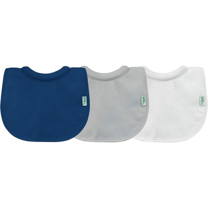 Green Sprouts Stay-Dry Milk Catcher Bibs 3 Pack front view showing blue and multicolour infant feeding bib set.