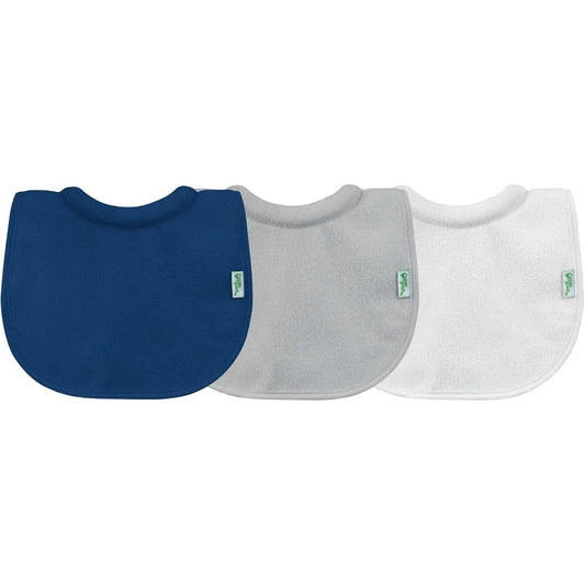 Green Sprouts Stay-Dry Milk Catcher Bibs 3 Pack front view showing blue and multicolour infant feeding bib set.