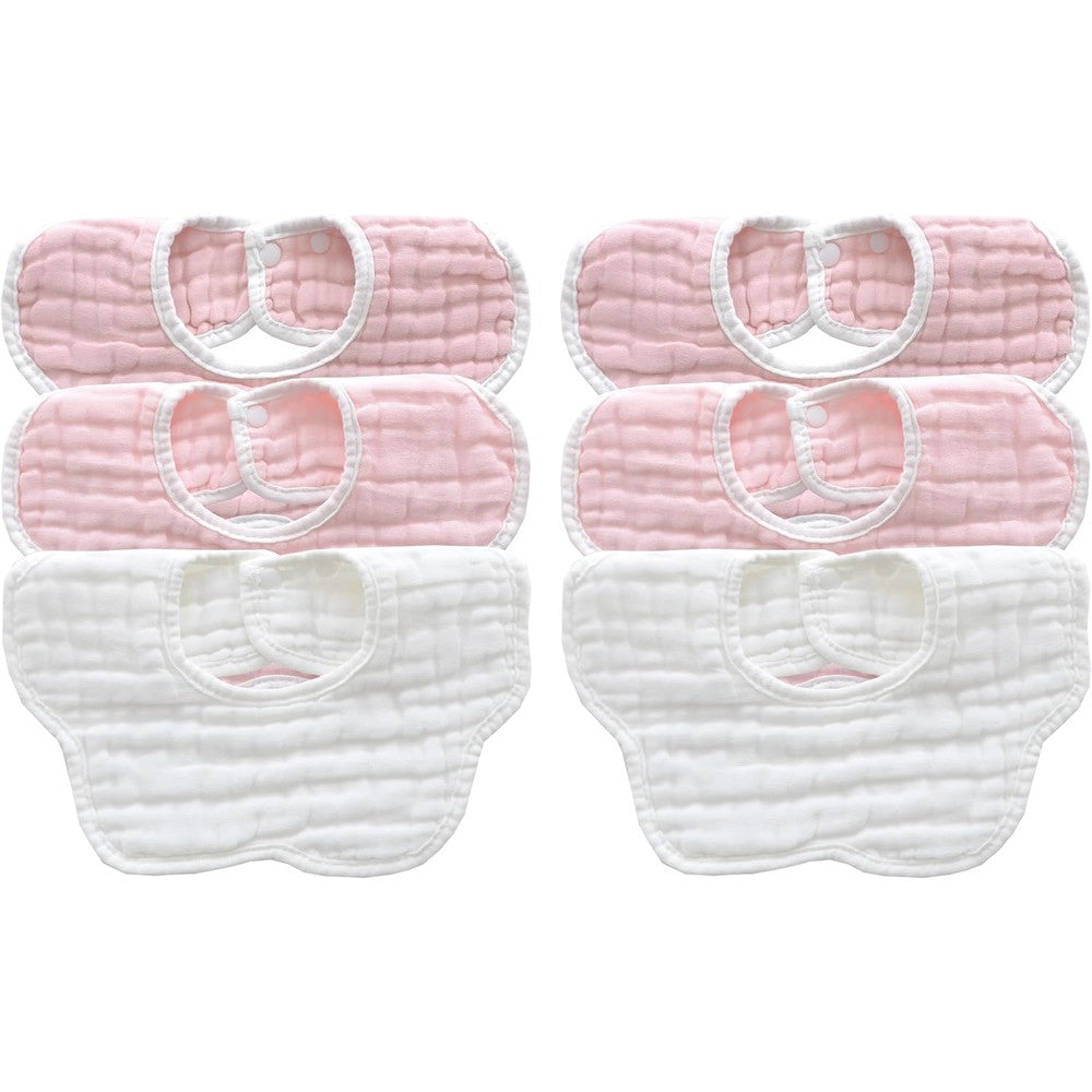 MUKIN Soft Cotton Muslin Baby Bibs Six Pack front view showcasing the soft gradient pink patterns