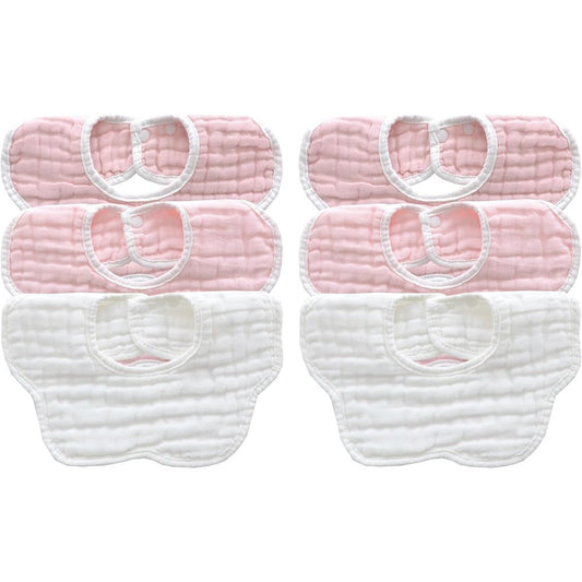 MUKIN Soft Cotton Muslin Baby Bibs Six Pack front view showcasing the soft gradient pink patterns