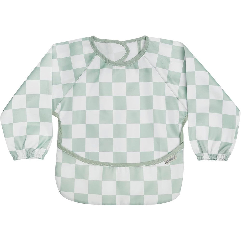 Haakaa long sleeve baby bib in plaid days print front view for baby led weaning