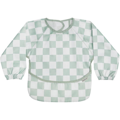 Haakaa long sleeve baby bib in plaid days print front view for baby led weaning