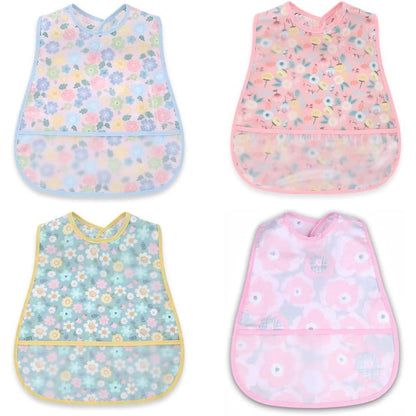 Norinori waterproof baby feeding bibs three pack front view featuring floral and trendy patterns