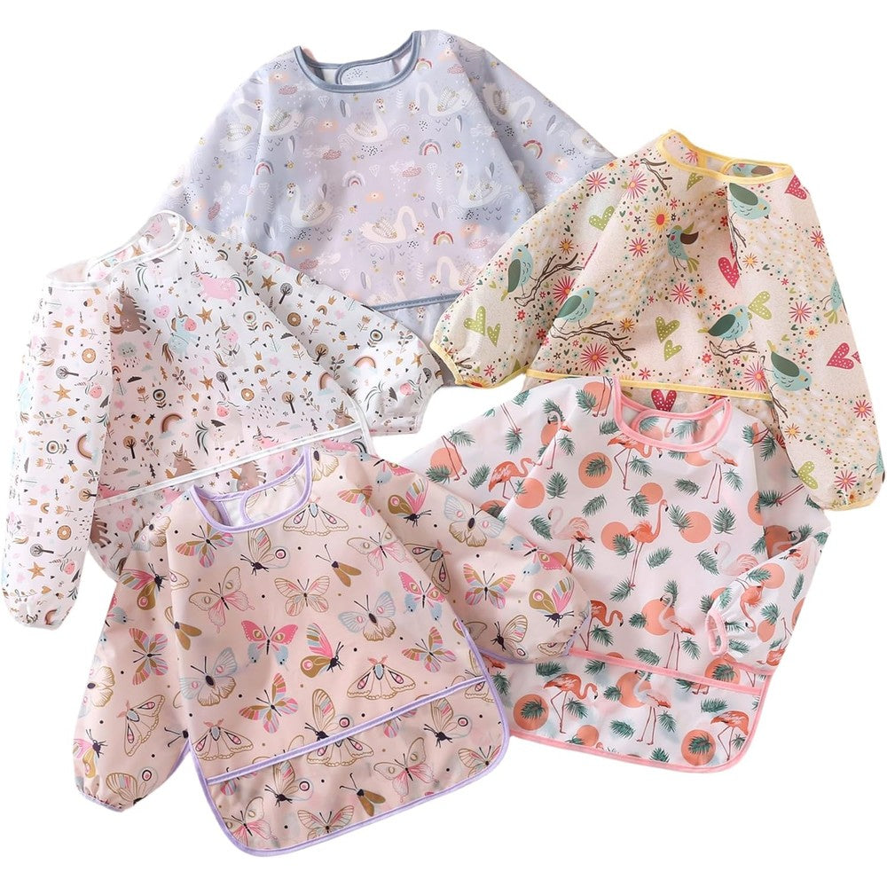 YeeLauf sleeved bib front view showing colorful cartoon animal prints and crumb catching pocket for baby feeding.