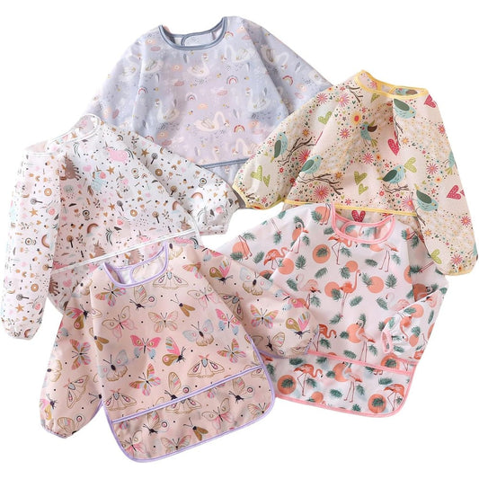 YeeLauf sleeved bib front view showing colorful cartoon animal prints and crumb catching pocket for baby feeding.