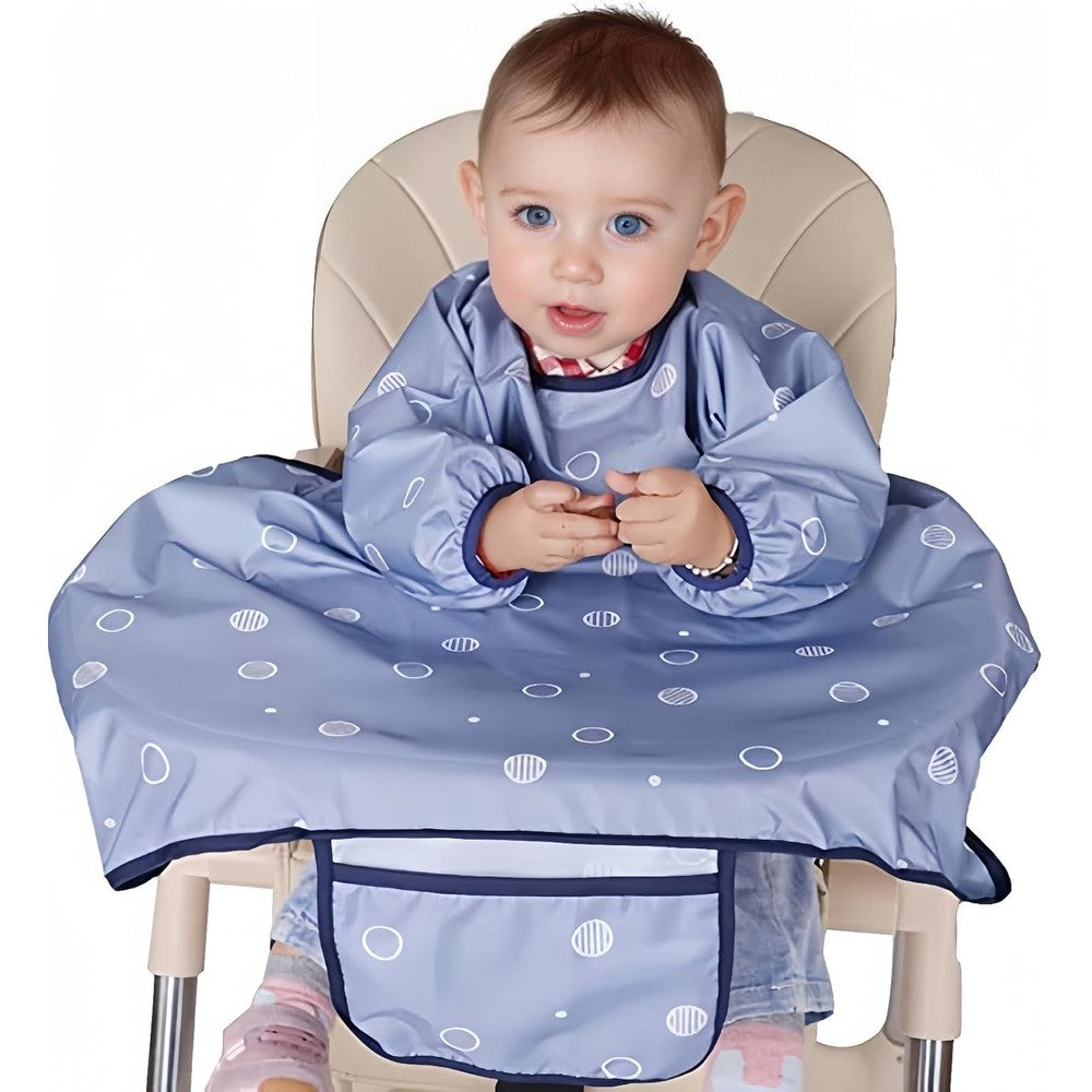 MOTEERLLU Coverall Baby Feeding Bib front view showing full long sleeves and blue design connected to a highchair tray
