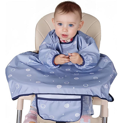 MOTEERLLU Coverall Baby Feeding Bib front view showing full long sleeves and blue design connected to a highchair tray
