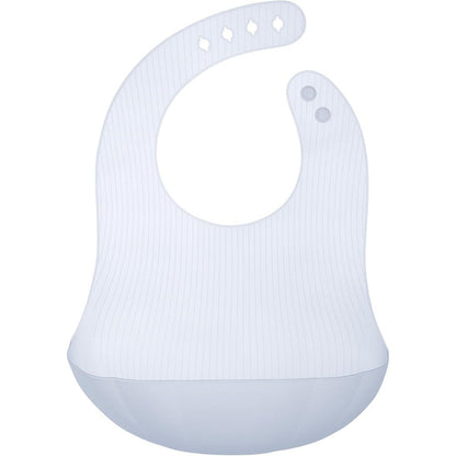 Olababy Fold N Go Silicone Baby Bib with Travel Case front view showcasing the deep food catcher pocket.