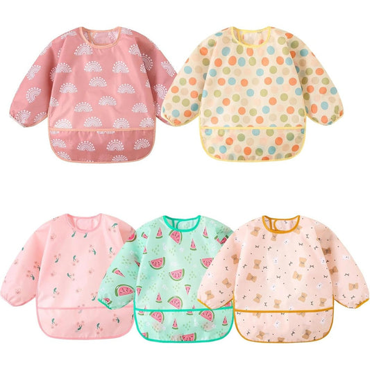 Hafftnun long sleeved baby feeding bibs five piece waterproof set front view