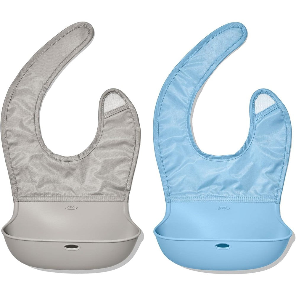 OXO Tot Roll Up Bib Drizzle and Dusk Pack of 2 front view showing silicone crumb catcher pocket
