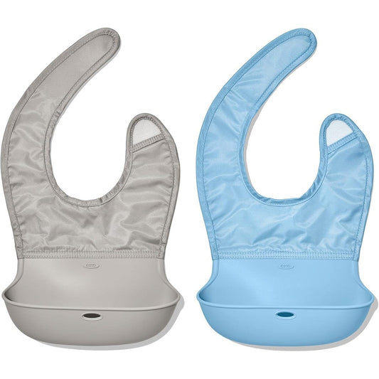 OXO Tot Roll Up Bib Drizzle and Dusk Pack of 2 front view showing silicone crumb catcher pocket