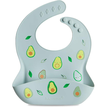Loulou Lollipop silicone feeding bib front view in avocado print