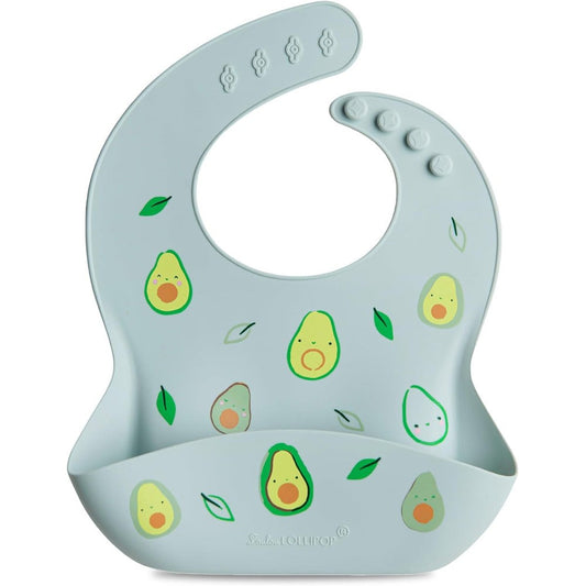 Loulou Lollipop silicone feeding bib front view in avocado print