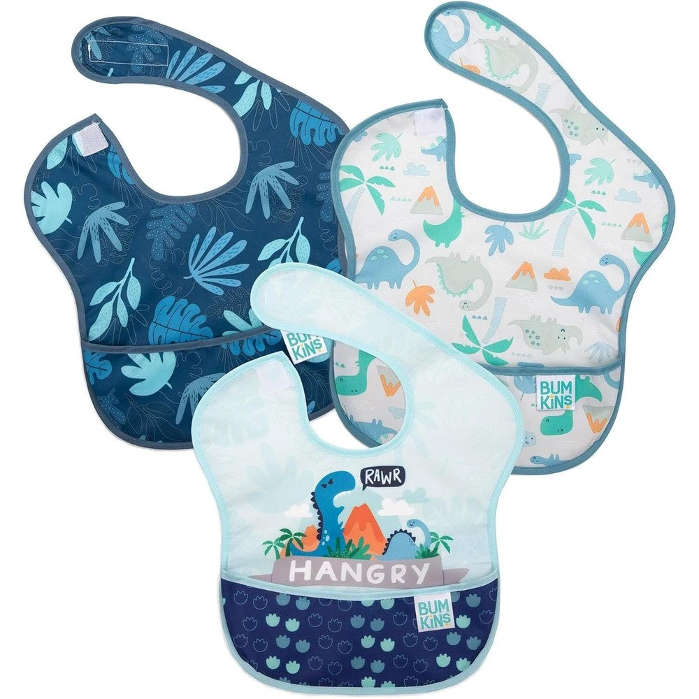 Bumkins SuperBib waterproof baby bib three pack front view displaying hangry dinosaur and blue tropic prints