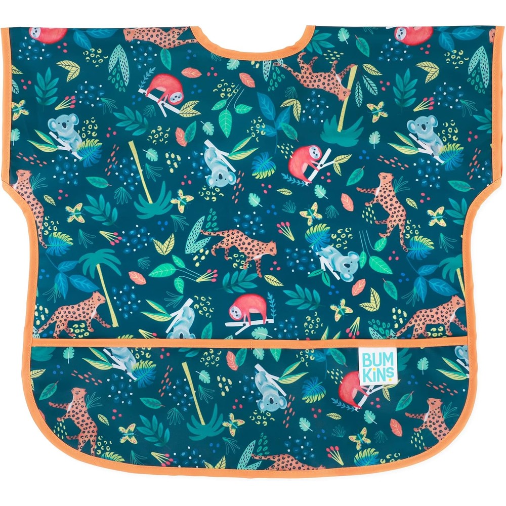 Bumkins Junior Short Sleeve Bib in green jungle print front view for independent toddler feeding