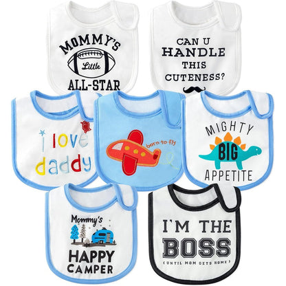 2ooya cotton waterproof baby bibs 7 piece set front view showing assorted blue designs