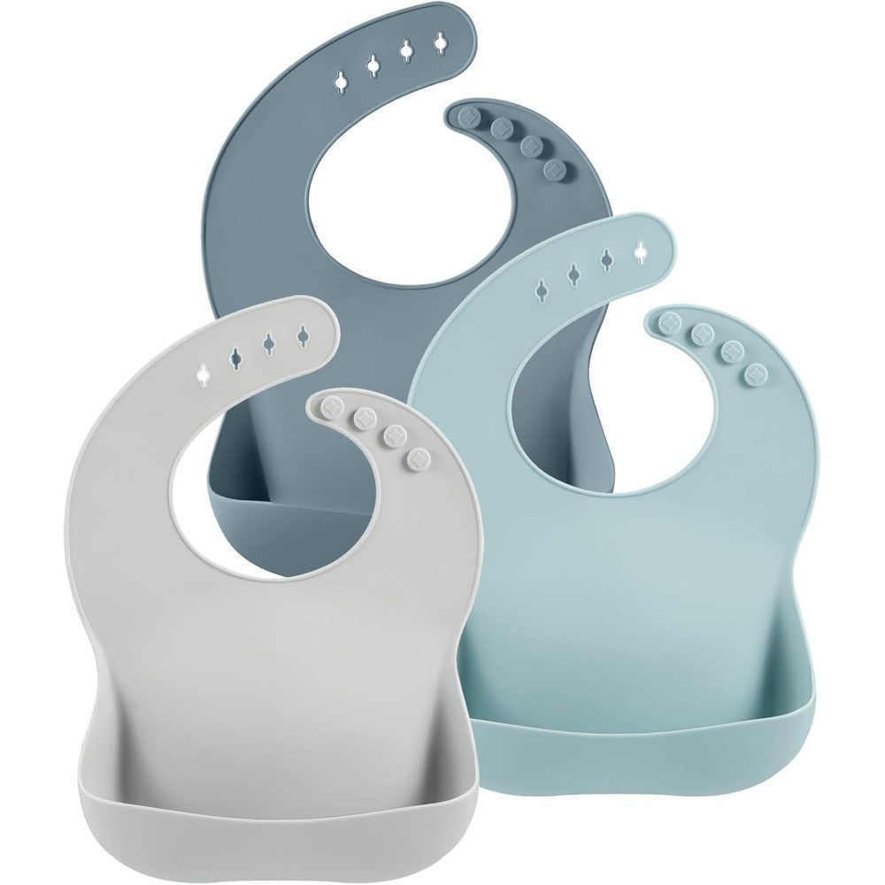 PandaEar 3 pack silicone baby bibs front view showing multicolor waterproof feeding bibs with wide food catcher pockets.
