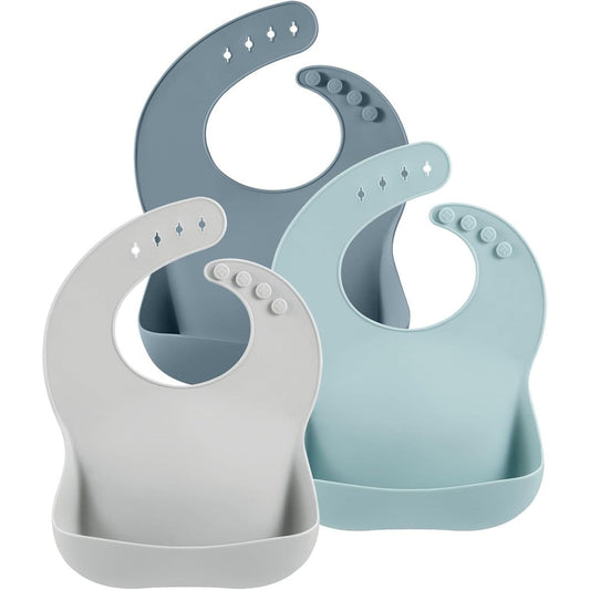 PandaEar 3 pack silicone baby bibs front view showing multicolor waterproof feeding bibs with wide food catcher pockets.