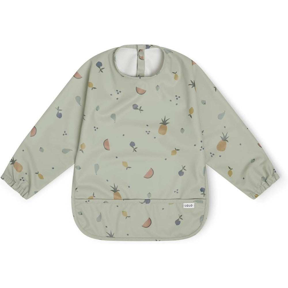 Lalo Smock Bib front view showing the fruit print sage design on a waterproof long sleeve baby bib.