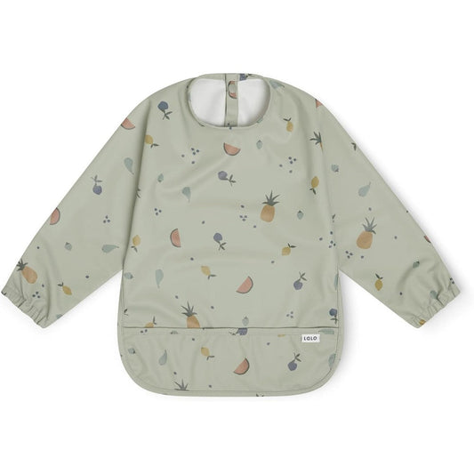Lalo Smock Bib front view showing the fruit print sage design on a waterproof long sleeve baby bib.