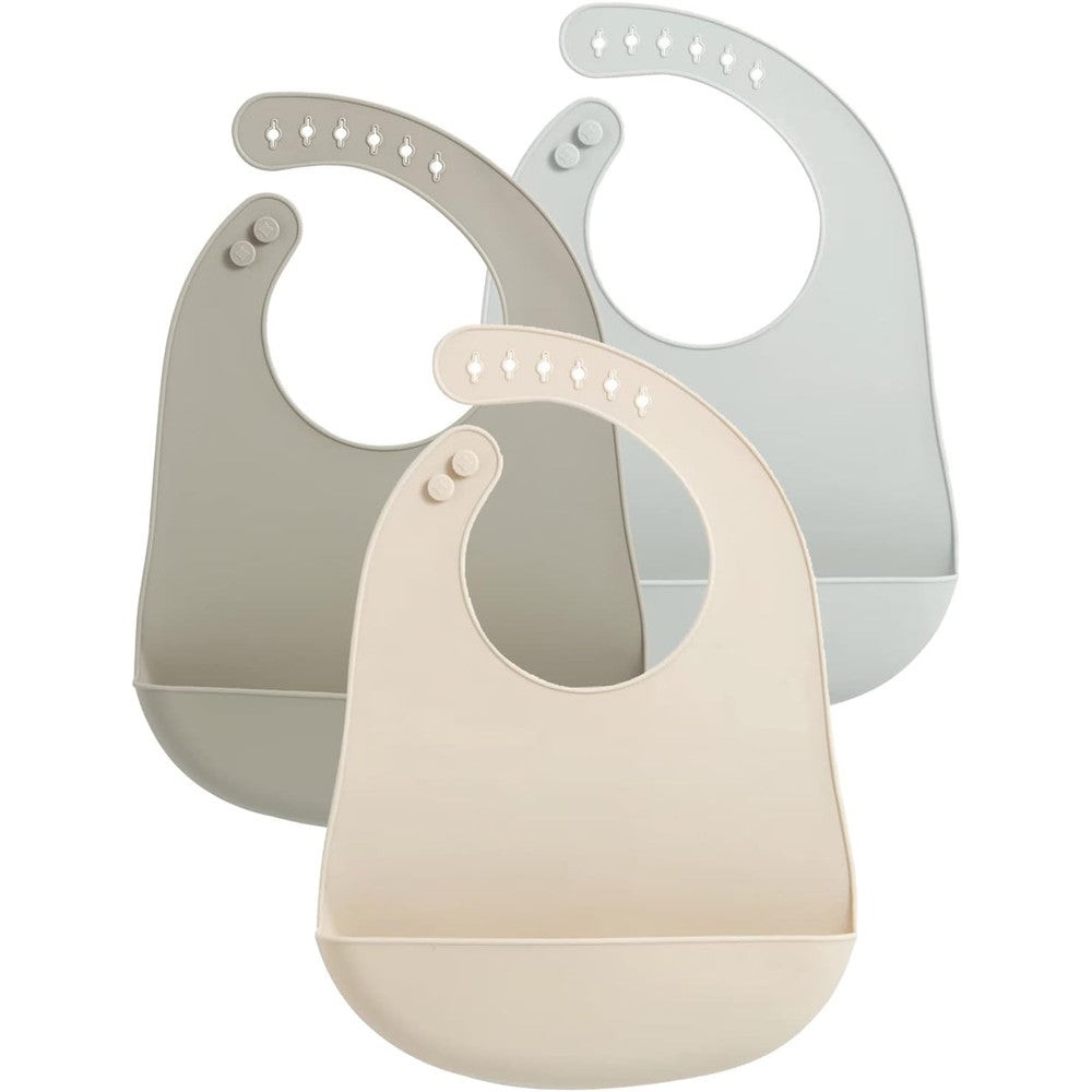 PandaEar waterproof silicone baby bibs three pack front view showing premium unisex colors