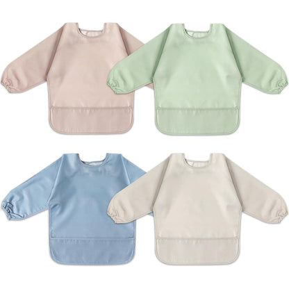 POIKSHARK 4 pack long sleeve bib front view showing blue design for baby led weaning