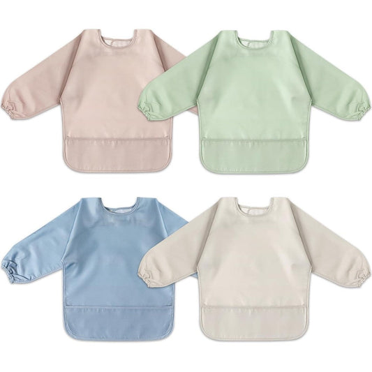 POIKSHARK 4 pack long sleeve bib front view showing blue design for baby led weaning
