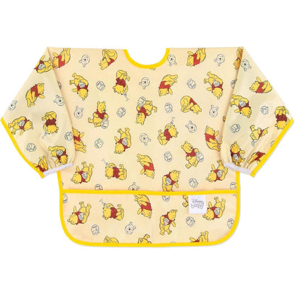 Bumkins Disney Sleeved Bib front view showing Winnie the Pooh Hunny pattern yellow waterproof feeding smock