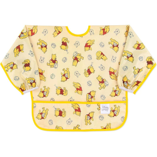 Bumkins Disney Sleeved Bib front view showing Winnie the Pooh Hunny pattern yellow waterproof feeding smock