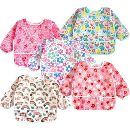 PandaEar baby long sleeve bibs 5 pack front view showing colorful waterproof designs
