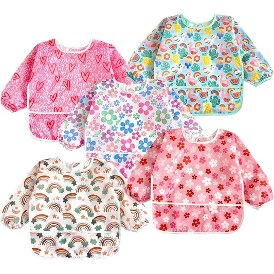 PandaEar baby long sleeve bibs 5 pack front view showing colorful waterproof designs