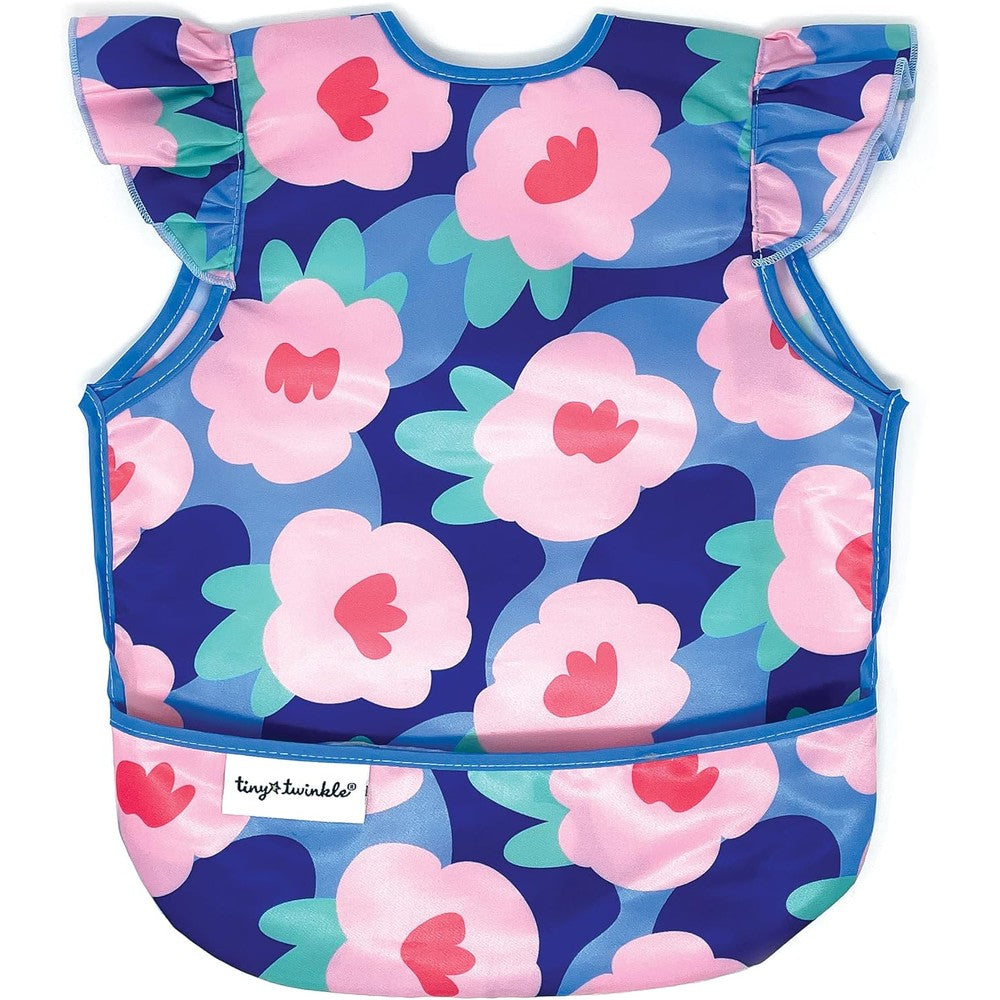 Tiny Twinkle Mess Proof Baby Bib in Floral Blue front view showcasing the open food catching pocket.