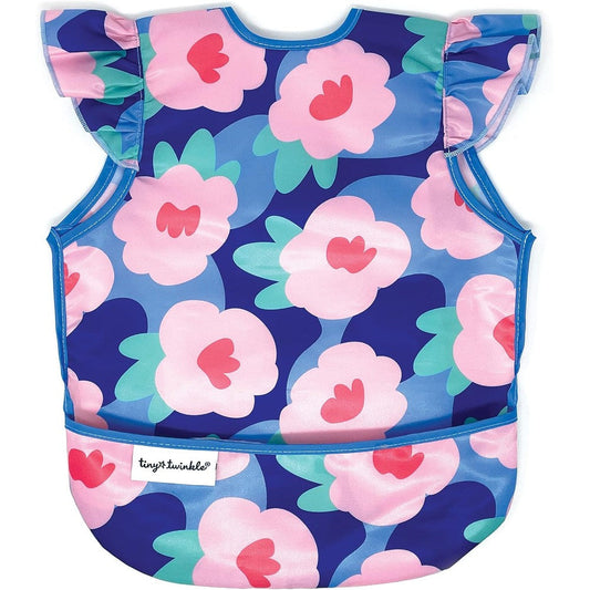 Tiny Twinkle Mess Proof Baby Bib in Floral Blue front view showcasing the open food catching pocket.