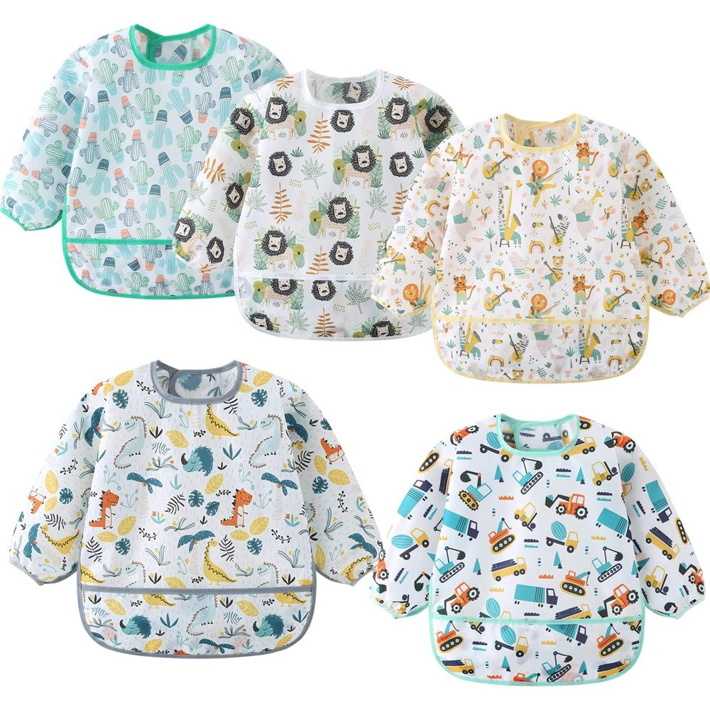ElecMotive 5 pack long sleeve waterproof baby bibs front view