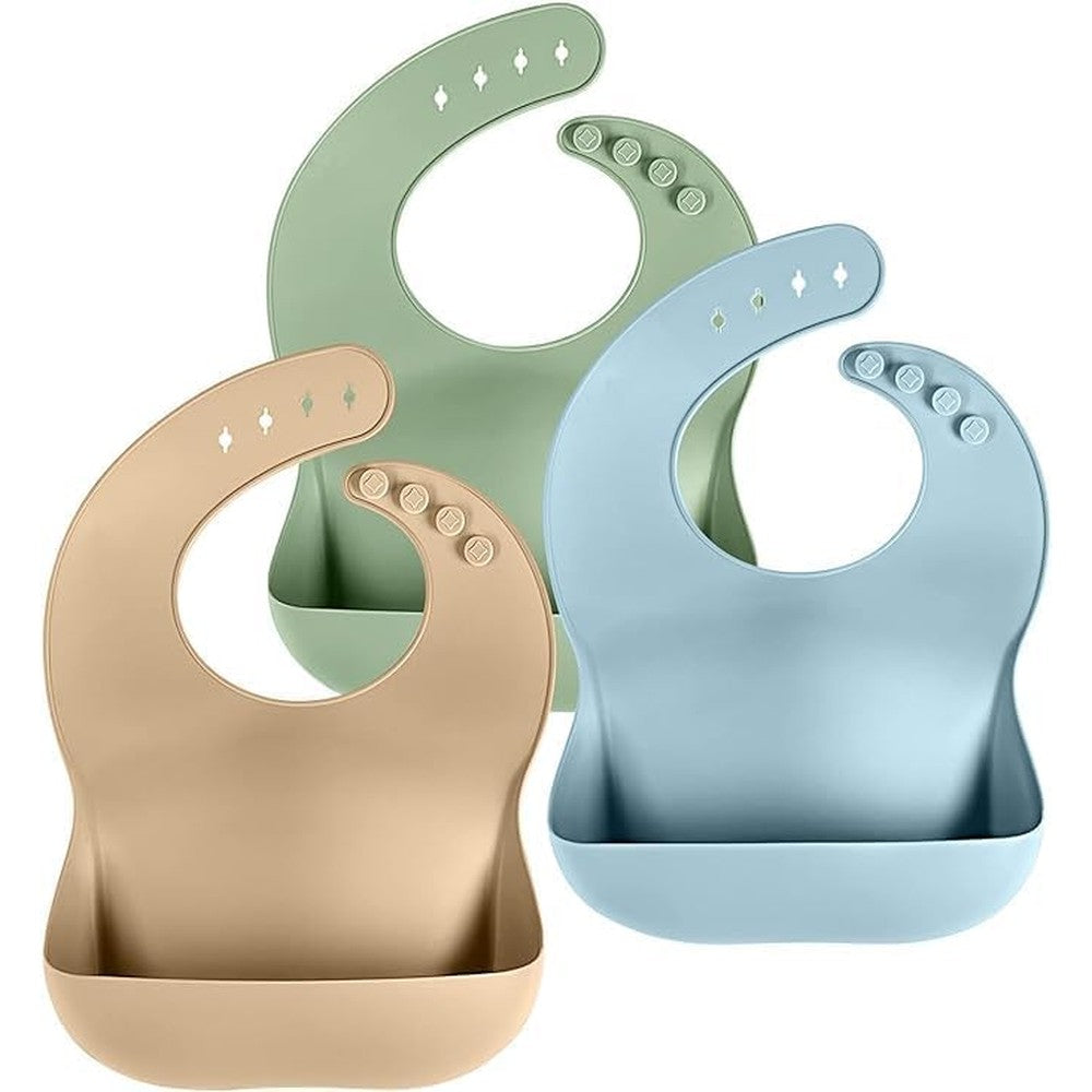 Cuddle Campus Set of 3 Silicone Bibs front view of premium baby feeding bibs with pocket food catcher.