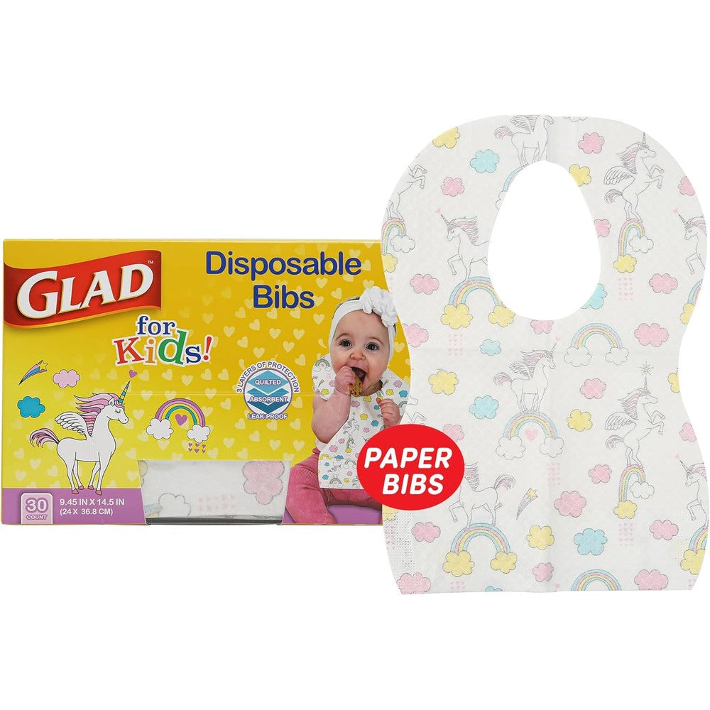 Glad for Kids Unicorn disposable paper bibs front view