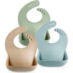 PandaEar Set of 3 Silicone Baby Bibs front view in brown blue and green colors