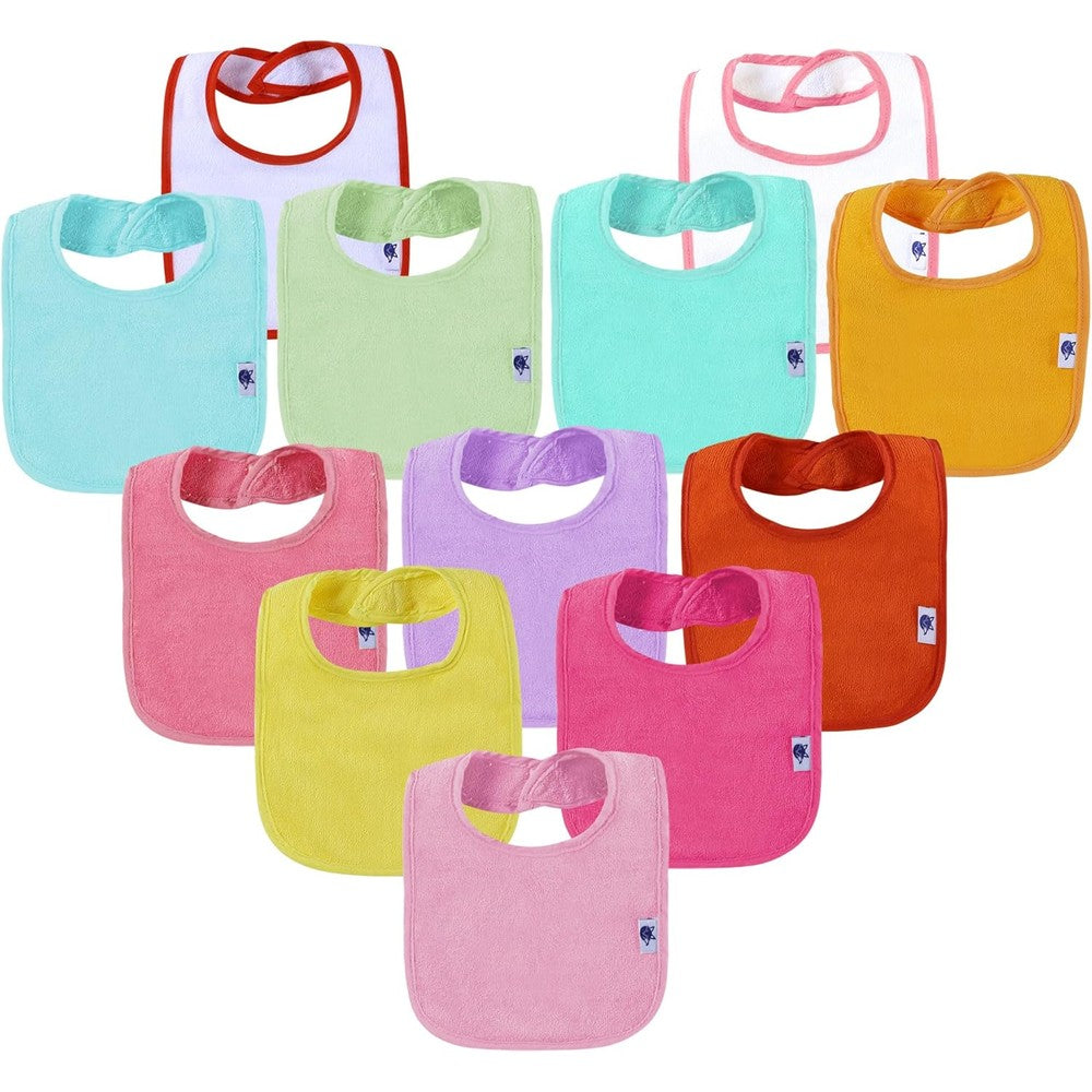 SPINFOX waterproof baby bibs twelve pack front view showing assorted solid colors.
