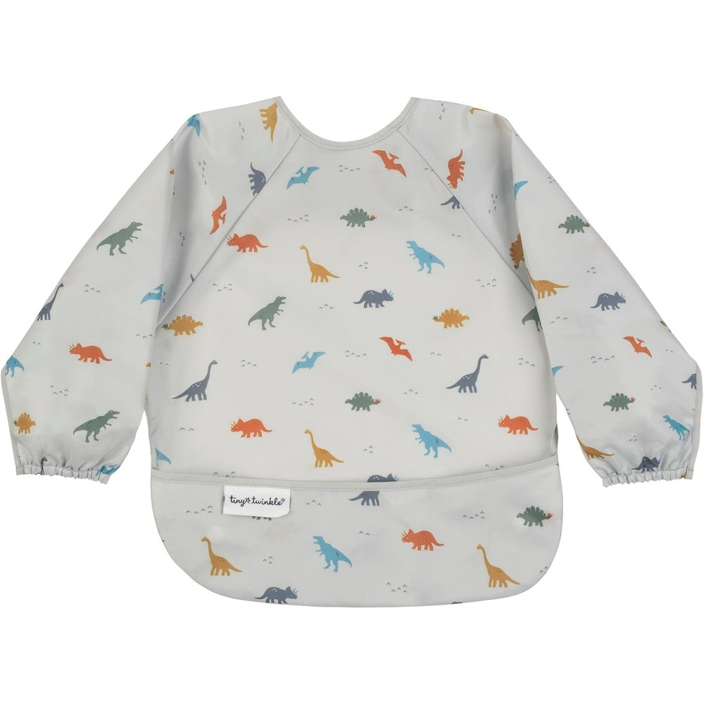 Tiny Twinkle long sleeve waterproof baby bib front view in dinosaur pattern