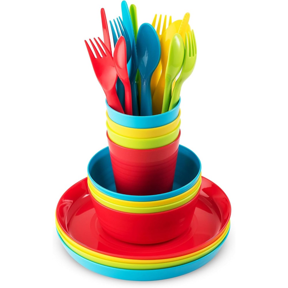 Plaskidy kids 24 piece plastic dinnerware set front view