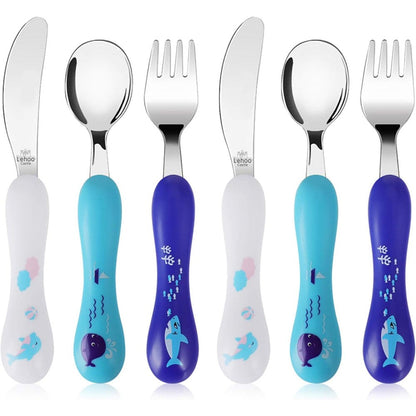 Lehoo Castle toddler utensil set front view with blue handles