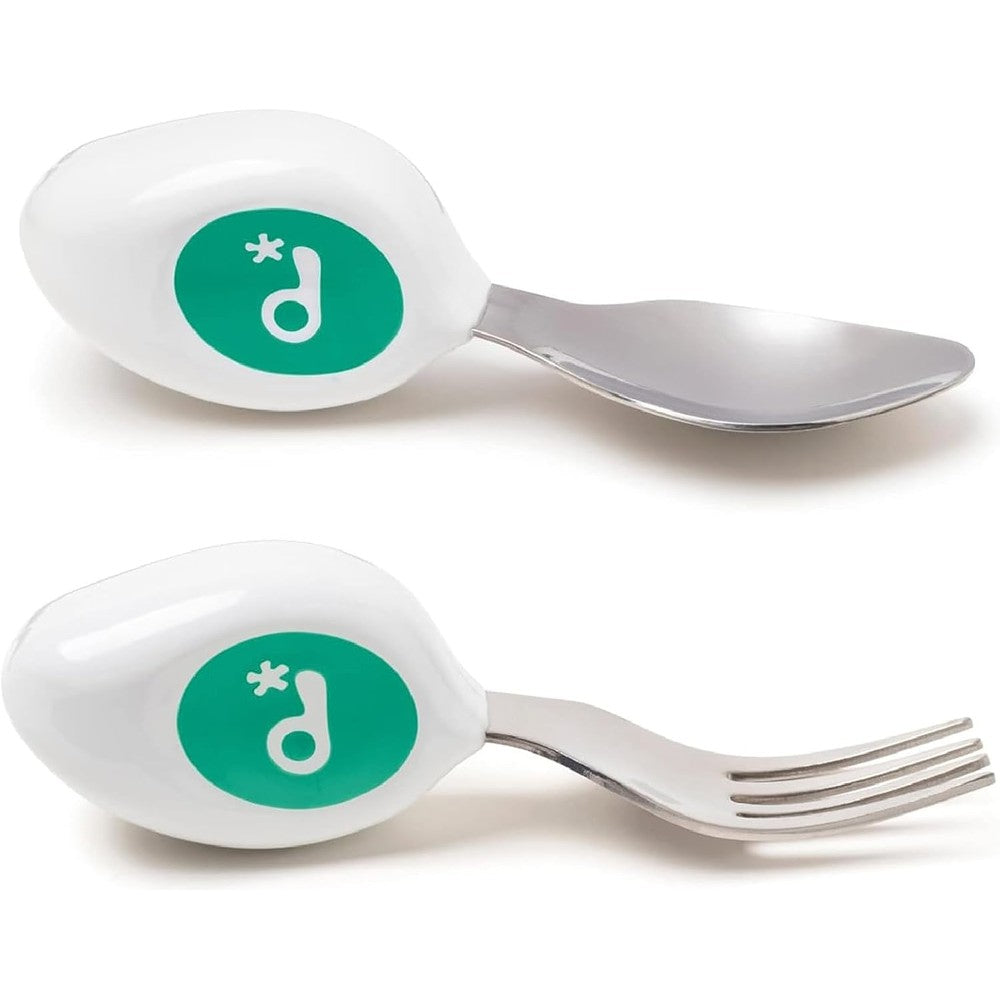 Doddl toddler ergonomic fork and spoon set aqua color front view