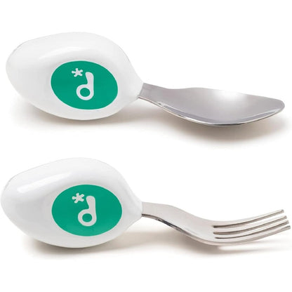 Doddl toddler ergonomic fork and spoon set aqua color front view