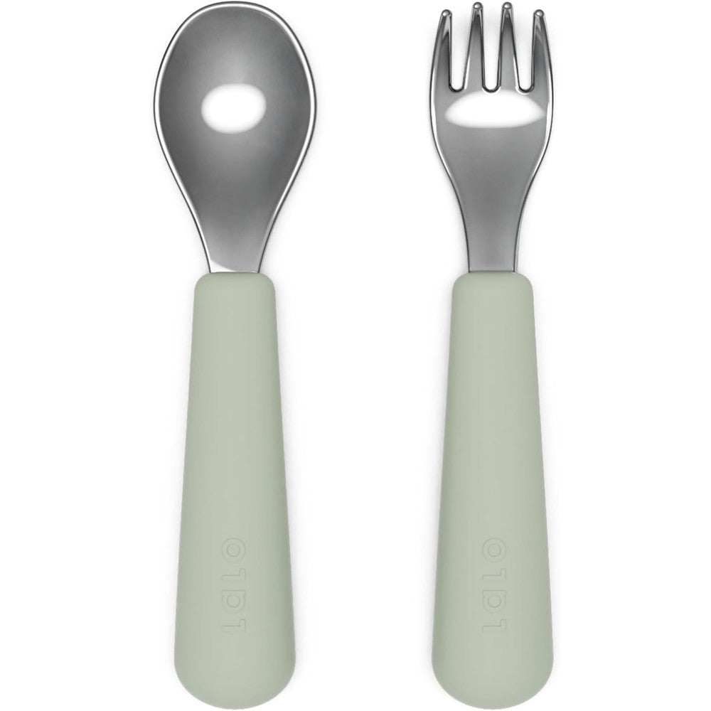 Lalo Toddler Fork and Spoon Set in Sage front view