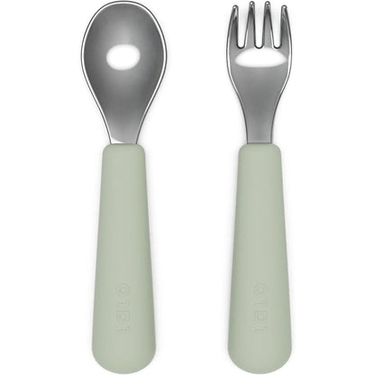 Lalo Toddler Fork and Spoon Set in Sage front view