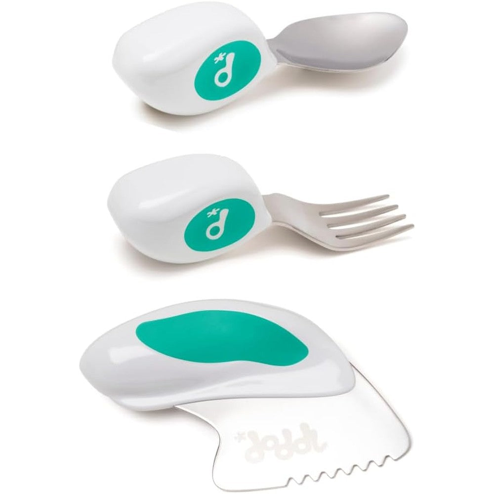Doddl Toddler Utensils Ergonomic Fork Spoon and Knife Set Aqua Front View